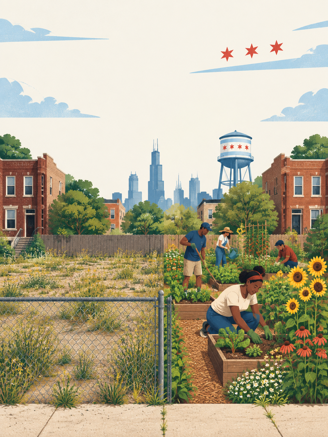 A Chicago vacant lot transforming into a thriving community garden, with the skyline and a water tower behind